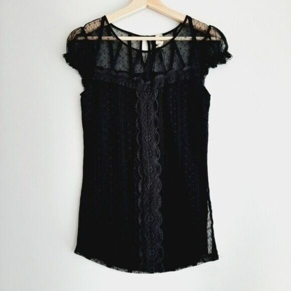 FREE PEOPLE Cap Sleeve Blouse Lace & Mesh Sz S - Picture 2 of 11